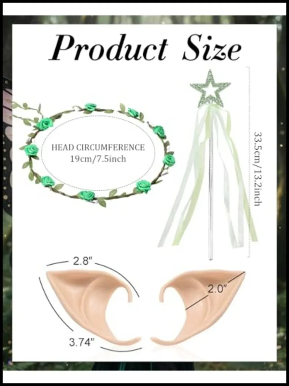 Fairy Wings Costume Set with Flower Crown Elf Ears Wand 5 PCS Organza Halloween